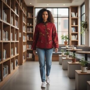 TSUNAMI Red Floral Fleece Jacket Mandarin Collar Button Front Women's S/P